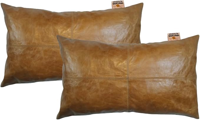 100% Lambskin Leather Pillow Cover - Sofa Cushion Case - Decorative Throw Covers for Living Room & Bedroom, 18x26 Inch - Gold Crunch Plain Pack of 1