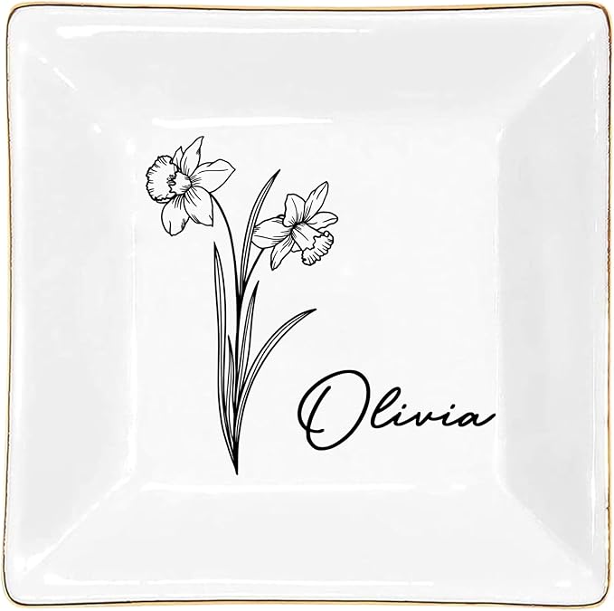 Gossby Personalized Jewelry Tray - Gift for Women Mom Friend with Birth Month Flower Name - Ceramic Trinket Tray Dish Plate for Ring Earring Bracelet - Gift Mothers Day Birthday Christmas V5