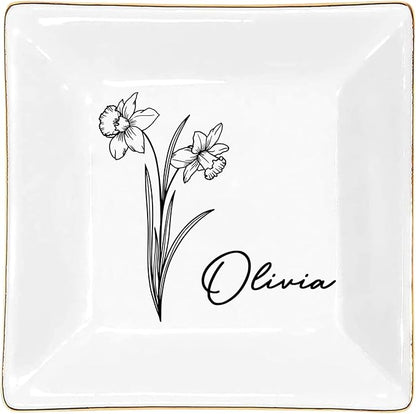 Gossby Personalized Jewelry Tray - Gift for Women Mom Friend with Birth Month Flower Name - Ceramic Trinket Tray Dish Plate for Ring Earring Bracelet - Gift Mothers Day Birthday Christmas V5