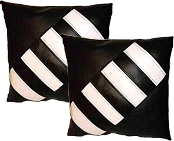 D DOLLY LAMB Lambskin Leather Pillow Cover - Sofa Cushion Case - Decorative Throw Covers for Living Room & Bedroom, 16x16 Inches - Black White Pack of 2