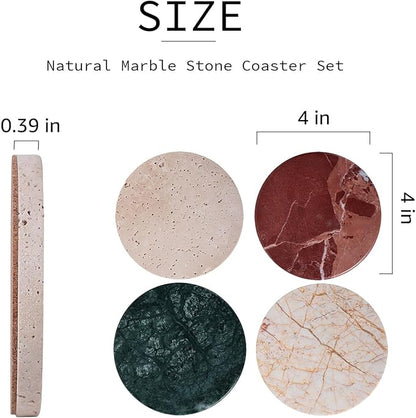 Natural Travertine Marble Coaster Set of 4-4 Inch Round Handmade Stone Drink Coasters, Absorbent & Non-Slip Cork Backing