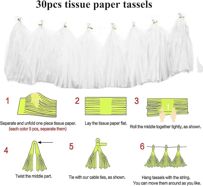 30pcs Paper Tassels Garland Banner Tissue Paper Tassel DIY Hanging Paper Decorations Party Tassel Garland Decor Baby Shower Nursery Wedding Festival Baby Shower Decoration(30, White)
