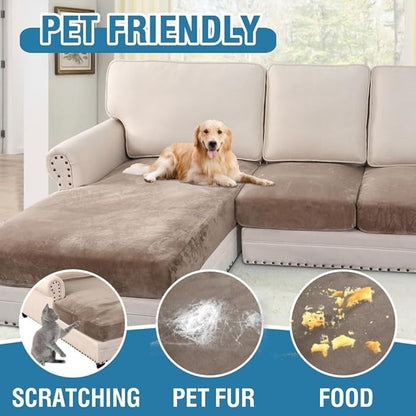 H.VERSAILTEX Velvet Stretch Sectional Couch Covers 3 Pieces Sofa Seat Cushion Covers L Shape Separate Cushion Couch Cover for Both Left/Right Sectional Couch (Large Sofa 2 Seater + 1 Chaise, Taupe)