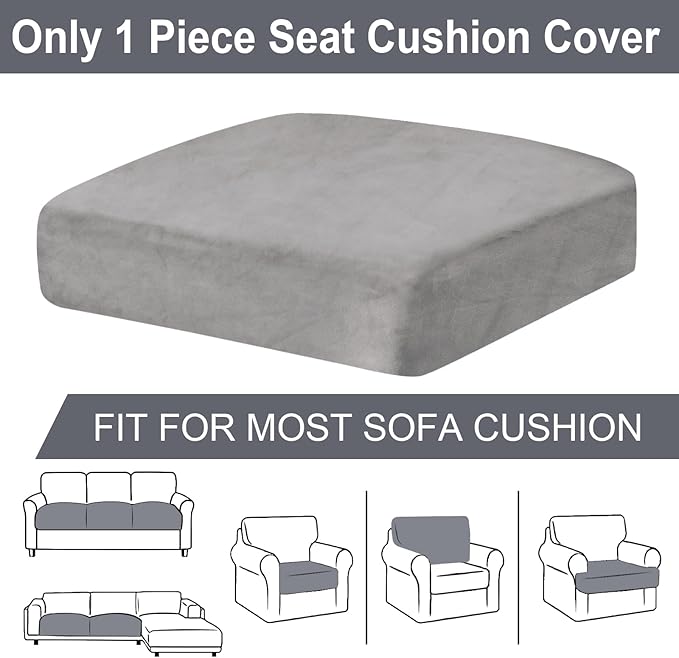 Couch Cushion Cover Velvet 1 Piece Seat Cushion Cover Stretch Armchair Cover Separate Sectional Sofa Slipcovers Furniture Protector (1-Seater or Sofa Backrest, Light Grey)