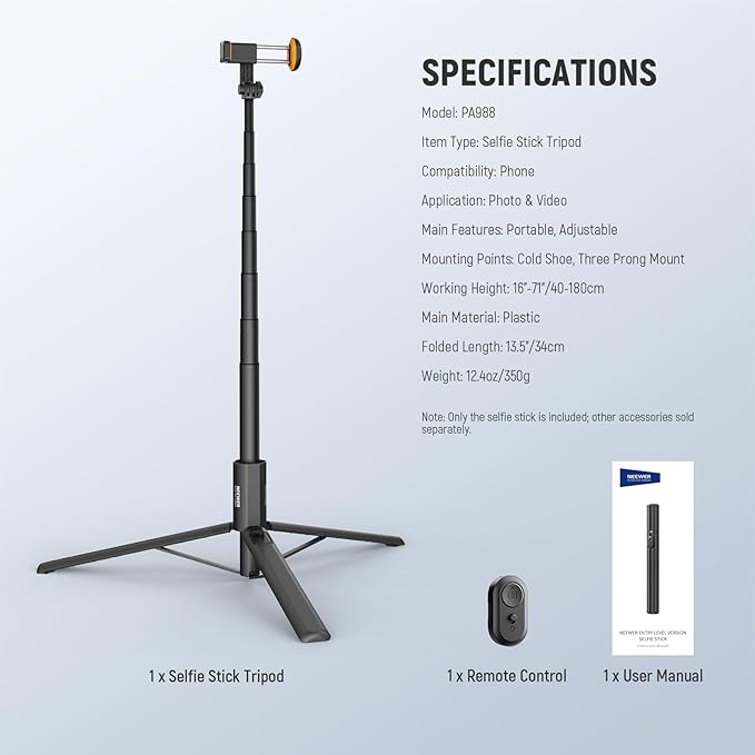NEEWER Entry Level Version 16-71" Selfie Stick Tripod Compatible with iPhone Android, Portable Cell Phone Travel Stand Camera Holder with Remote for TikTok Video Recording Streaming Filming, PA988