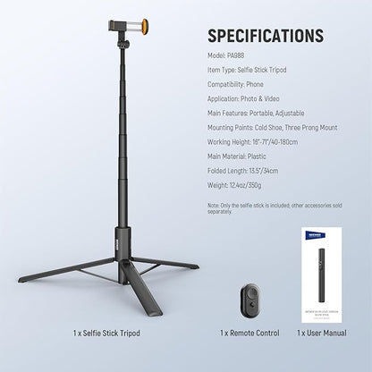 NEEWER Entry Level Version 16-71" Selfie Stick Tripod Compatible with iPhone Android, Portable Cell Phone Travel Stand Camera Holder with Remote for TikTok Video Recording Streaming Filming, PA988