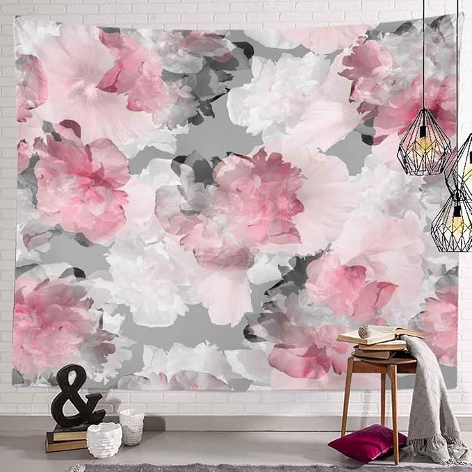BULOR Peony Flower Pink Grey Tapestry Wall Hangings, Watercolor Floral Peonies Poster Tapestry For Kids Student Bedroom Living Room Dorm Man Cave Background 80x60inch