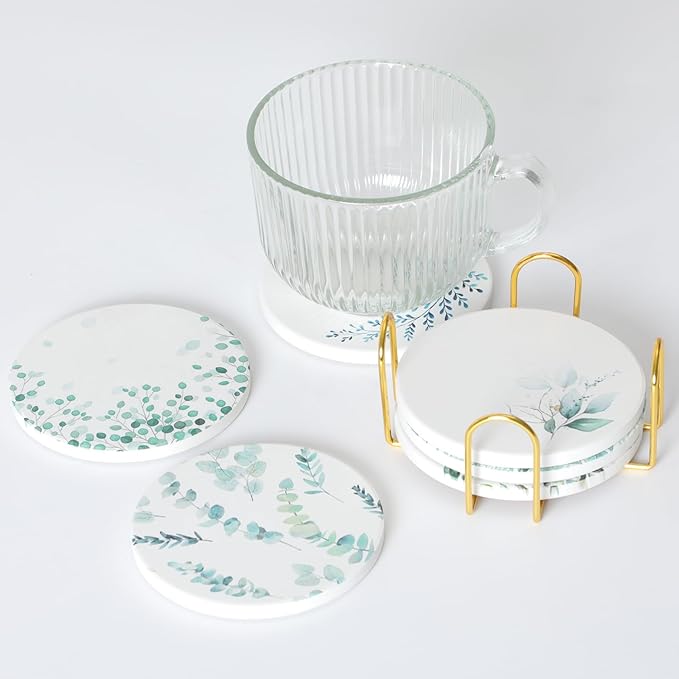 Ceramic Coasters Set of 6 with Holder, Botanical Style, Absorbent Drink Coaster Set for Home Decor, Cups, Mugs and Glasses