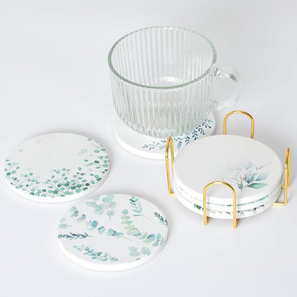 Ceramic Coasters Set of 6 with Holder, Botanical Style, Absorbent Drink Coaster Set for Home Decor, Cups, Mugs and Glasses