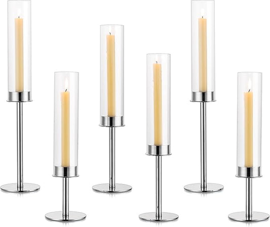 Hurricane Taper Candle Holders: Silver Glass Candlestick Holder Tall Candle Sticks Holder Decor with Glass Cover for Wedding Table Centerpiece Party Birthday Christmas Home Mantel Set of 6