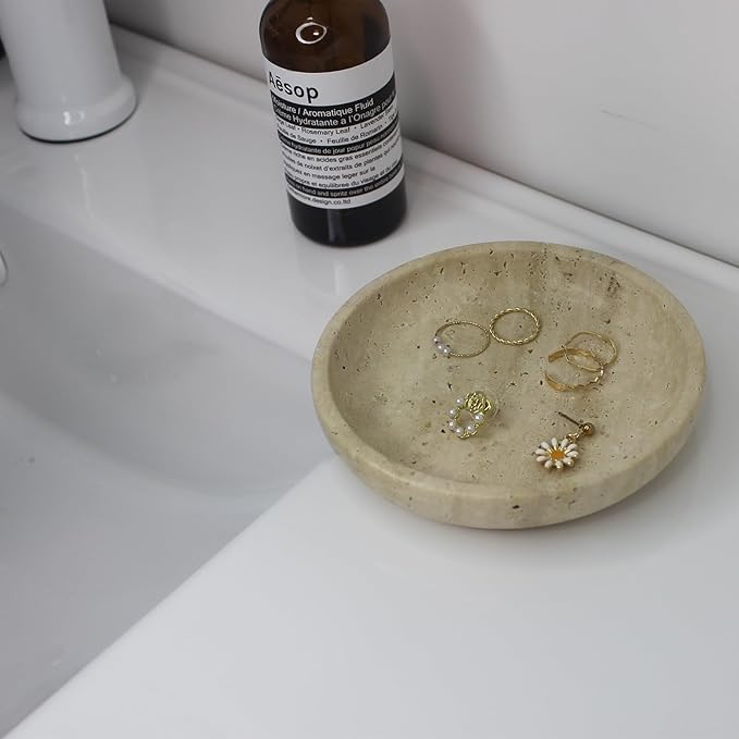Natural Travertine Marble Jewelry Dish 5.5", Trinket Dish for Ring Earring, Gift for Woman Daugther(Beige Travertine)