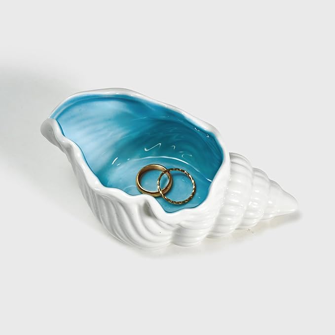 Conch Shell Ceramic Jewelry Tray, Blue White Ring Holder Dish, Decorative Trinket Dish for Rings Earrings Necklaces Bracelet Keys