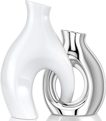 White Silver Modern Abstract Ceramic Vases for Home Decor,Nordic Snuggle Hollow Design for Flowers Pampas Grass Decorative,for Living Room Coffee Table Centerpiece,Entrance,Console (White Silver)