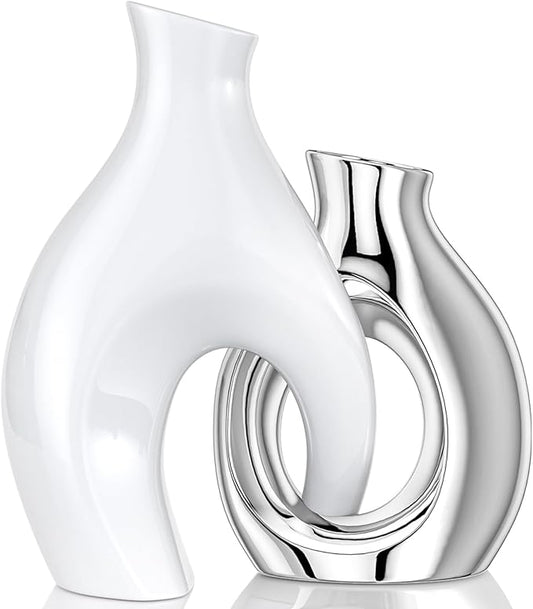 White Silver Modern Abstract Ceramic Vases for Home Decor,Nordic Snuggle Hollow Design for Flowers Pampas Grass Decorative,for Living Room Coffee Table Centerpiece,Entrance,Console (White Silver)