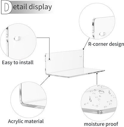 Sezanrpt 8 Inch Clear Shelf for Wall, Acrylic Small Floating Shelf, Home Wall Shelf Organizer for Room Storage, Room Décor, Space Saving, 4'' Depth, 2 Pack