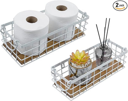 MyGift 13 and 12 Inch Nesting Storage Baskets with Handles, Wall Mounted or Tabletop White Metal Wire and Premium Acacia Wood Decorative Shelf Organizer Bins, 2 Piece Set