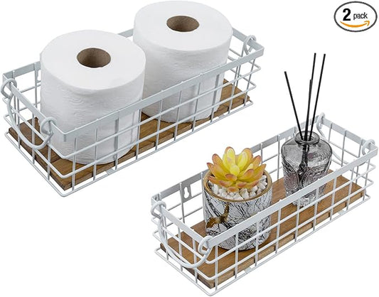 MyGift 13 and 12 Inch Nesting Storage Baskets with Handles, Wall Mounted or Tabletop White Metal Wire and Premium Acacia Wood Decorative Shelf Organizer Bins, 2 Piece Set
