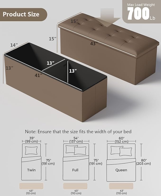 Folding Storage Ottoman Bench, Multi-Functional Ottoman Foot Rest, End of Bed Bench, Storage Chest for Living Room, Bedroom, Hallway, Entryway, Holds Up to 600 lbs (Brown, 43 Inches)