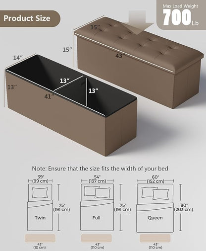 Folding Storage Ottoman Bench, Multi-Functional Ottoman Foot Rest, End of Bed Bench, Storage Chest for Living Room, Bedroom, Hallway, Entryway, Holds Up to 600 lbs (Brown, 43 Inches)