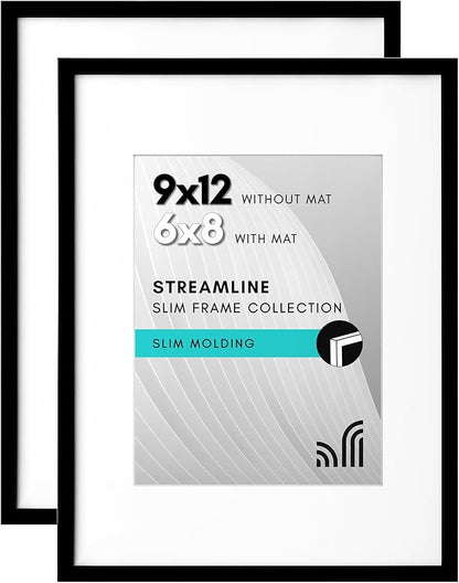 Americanflat 9x12 Picture Frame with Shatter-Resistant Glass - Set of 2 - Use as 6x8 Frame with Mat or Display 9x12 Photo Without Mat - Streamline Collection - Tabletop or Wall Display - Black