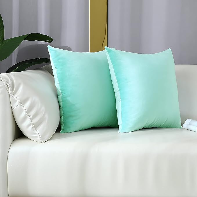 mixeoo Comfy Mint Green Throw Pillow Covers Decorative Square Solid Thick Velvet Super Soft Cushion Cases Home Decor for Sofa Couch Living Room Chair, Set of 2, 18 x 18 Inch