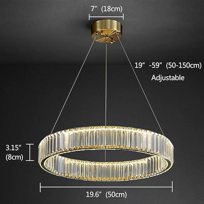 Modern Crystal Chandeliers with Remote, 3000-6000K 20in Gold Ring Pendant Light LED Dimmable Round Crystal Chandeliers with Remote for Living Room Dinning Room Bedroom