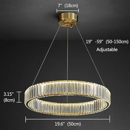 Modern Crystal Chandeliers with Remote, 3000-6000K 20in Gold Ring Pendant Light LED Dimmable Round Crystal Chandeliers with Remote for Living Room Dinning Room Bedroom