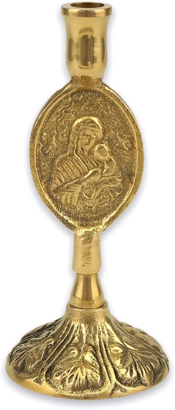 Theotokos Design Brass Candle Holder – Christian Candlestick for Thin Orthodox Candles, 3.74 in Height