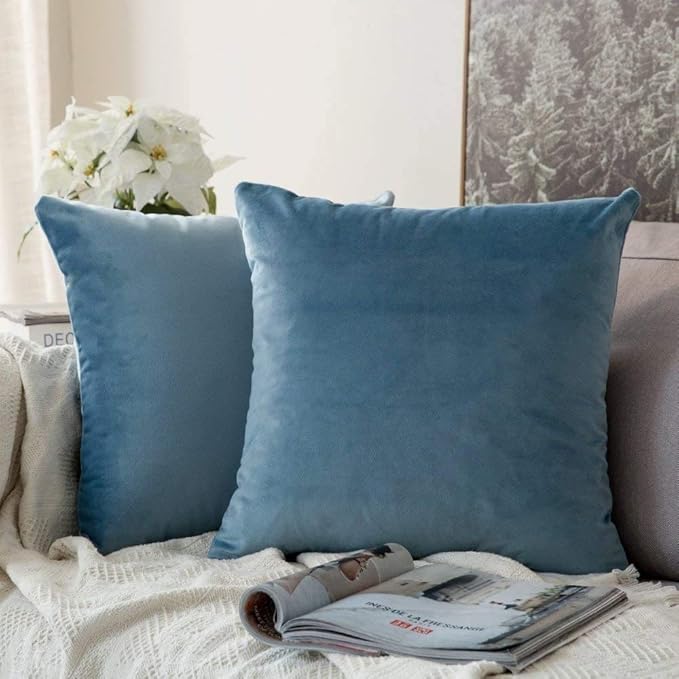MIULEE Velvet Throw Pillow Covers 16x16 Inch, Pack of 2 - Light Blue, Soft Solid Decorative Pillow Covers Cushion Cases Modern Luxury Home Decor for Spring Couch Sofa Bedroom Livingroom