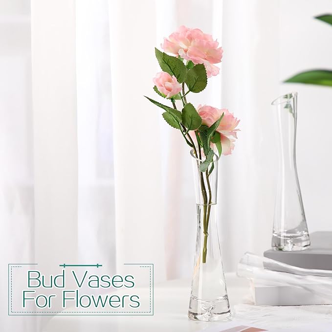 Lallisa 6 Pcs Glass Bud Vases for Centerpieces Maria Modern Clear Small Skinny Decorative Single Flower Bud Vase for Wedding Party Event Home Office Decoration(7.87 Inch,Transparent Color)