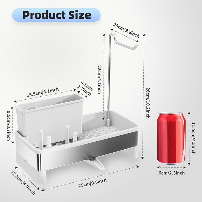 Stainless Steel Sink Caddy, Sponge Holder for Kitchen Sink with Brush Holder & Dishcloth Rack, Rustproof Sink Organizer Countertop, Kitchen Organizers Storage Essentials (E-White)
