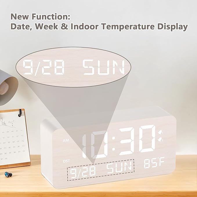 Wooden Digital Alarm Clock for Bedroom - Desk Clock with Date, Day of Week, Temperature, Dual Alarms, Dimmer, USB Port Charge, DST, Adjustable Volume for Living Room/Office Wood Decor (White)