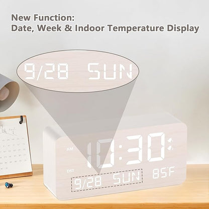 Wooden Digital Alarm Clock for Bedroom - Desk Clock with Date, Day of Week, Temperature, Dual Alarms, Dimmer, USB Port Charge, DST, Adjustable Volume for Living Room/Office Wood Decor (White)