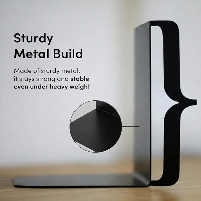 Decorative Bookends for Shelves - Modern Bracket Shaped Metal Book Ends for Home Office Decor, Unique Minimalist Desk Accessories & Gift (Black)