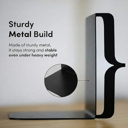 Decorative Bookends for Shelves - Modern Bracket Shaped Metal Book Ends for Home Office Decor, Unique Minimalist Desk Accessories & Gift (Black)