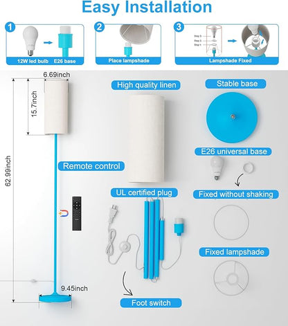 luckystyle LED Floor Lamp for Living Room, DimmableTall Lamps with Foot Switch,Remote Custom Color Temperature Blue Pole Lamp with Lampshade,12W Led Bulb Standing Lamps for Bedroom Office Kid Room