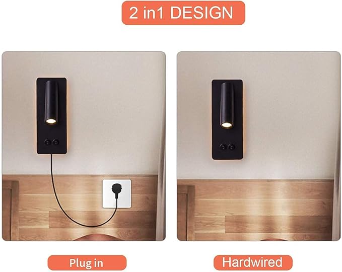 LED Reading Wall Lights for Bedroom, Backlight Night Wall Lamp, Plug in Cord Adjustable Wall Sconces, Book Reading Lamps, Backlight 3W+12W 3000k Warm Wall Light (Black)