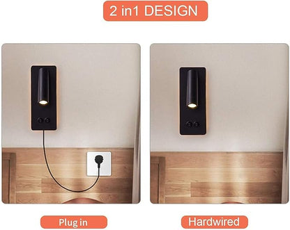 LED Reading Wall Lights for Bedroom, Backlight Night Wall Lamp, Plug in Cord Adjustable Wall Sconces, Book Reading Lamps, Backlight 3W+12W 3000k Warm Wall Light (Black)
