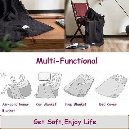 100% Cotton 4-Layer Muslin Blanket with Fringes, 50"x60", Dark Grey Throw Blanket, Ultra-Soft Gauze Blanket, Boho Bedding for All Seasons, Breathable for Couch, Bed(Dark Grey,Throw)
