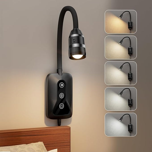 Wall Mounted LED Reading Light for Bed Headboard - 5 Color & Brightness Levels Dimmable Book Light with Touch/Wave Control, USB Output - Night Reading Lamp for Books in Bed