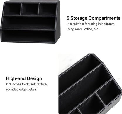 PU Leather Desk Organizer, Luxury Remote Control Holder for Home, Office Desk Accessories Table Caddy Bedside Nightstand Organizer (Black)