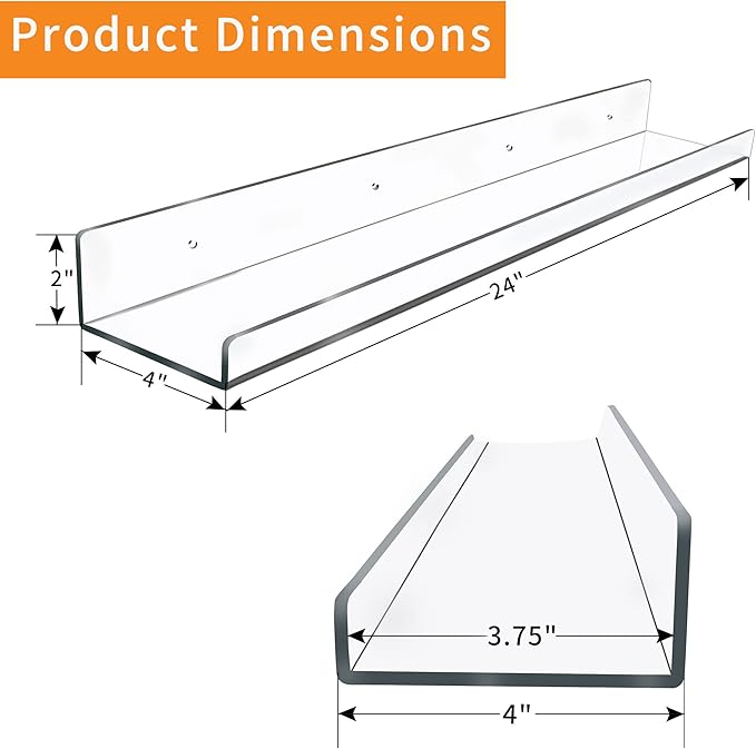 Febwind 4 Pack 24-Inch Long Clear Acrylic Floating Shelves U Shape Wall Shelf for Book Display Makeup Product Spice Organizer