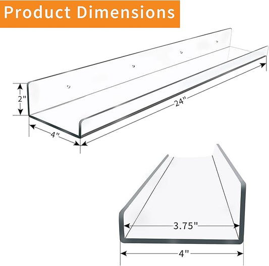 Febwind 4 Pack 24-Inch Long Clear Acrylic Floating Shelves U Shape Wall Shelf for Book Display Makeup Product Spice Organizer