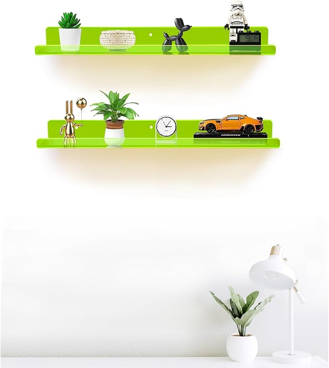 ROYALITA 24 Inches Acrylic Floating Book Shelves Wall Mounted Set of 2, Wall Hanging Plant Display Shelves, Room Decor Floating Wall Shelves for Gaming Room, Bedroom, Living Room, Office, Gree