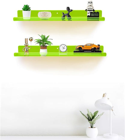 ROYALITA 24 Inches Acrylic Floating Book Shelves Wall Mounted Set of 2, Wall Hanging Plant Display Shelves, Room Decor Floating Wall Shelves for Gaming Room, Bedroom, Living Room, Office, Gree
