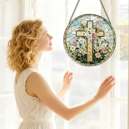 8 Inch Stained Glass Cross Suncatcher for Window Hanging, Christian Stained Glass Windows Hanging Religious Gifts for Women, Sun Catcher for Home Garden Decor, Easter, Faith,Baptism, Memorial (Cross)