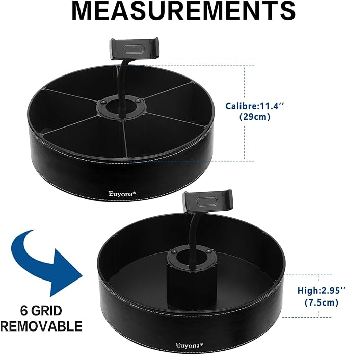 11.4 Inch Lazy Susan Turntable Organizer - 6 Removable Compartments with Phone Holder, 360° Rotating for Cabinet/Counter/Table. Spacious Storage for Food, Spices, Cosmetics & More. (Black)
