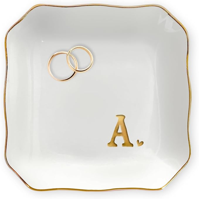 OASSIE Valentines Day Gifts for Her - 4"x4" Initials Ceramic Jewelry Dish Tray Letter A - Engagement Wedding Bridal Shower Gifts for Bride, Bridesmaid Gift, Birthday Gift for Women Teacher Friend