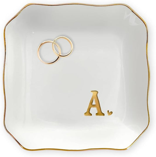 OASSIE Valentines Day Gifts for Her - 4"x4" Initials Ceramic Jewelry Dish Tray Letter A - Engagement Wedding Bridal Shower Gifts for Bride, Bridesmaid Gift, Birthday Gift for Women Teacher Friend