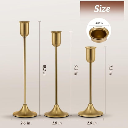 Candlestick Holders, Gold Metal Taper Candle Holders Set of 3, Handmade Heavy Base Brass Vintage Modern Decorative Table Centerpiece for Candlelight Dinner, Fireplace Mantel Wedding Housewarming Décor